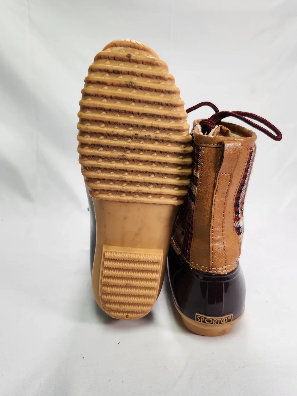 Sporto Maroon Plaid Duck-Style Lace-Up Rain Boots with Tan Trim